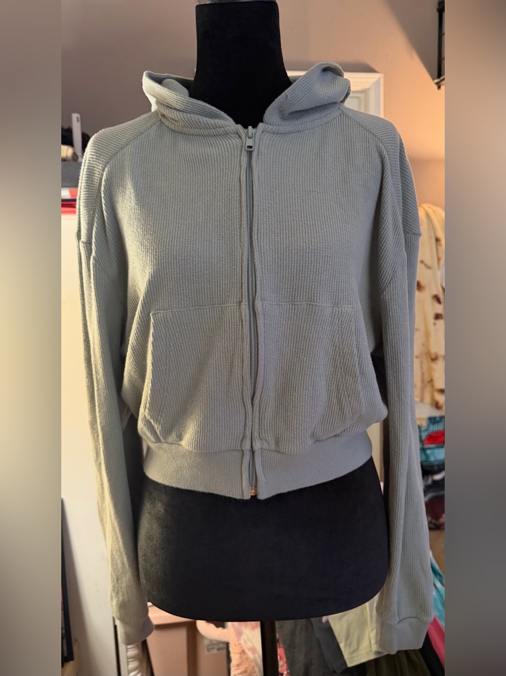 SKIMS Waffle Hoodie in a mineral green color